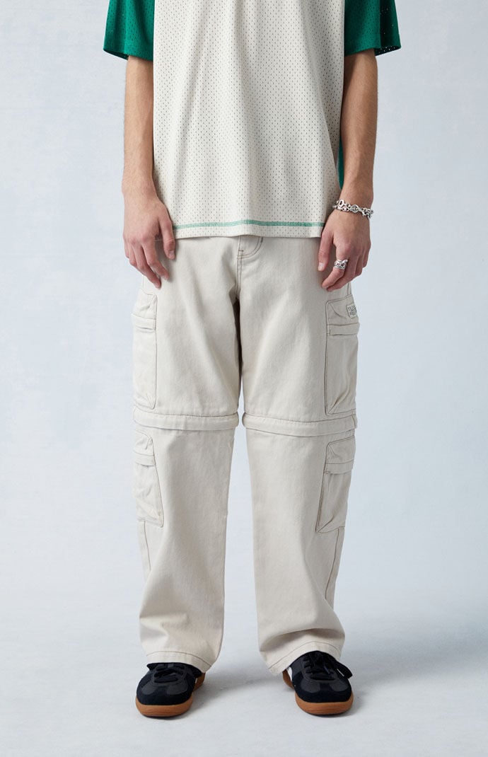 Image: Cream Baggy Cargo Zip-Off Jeans