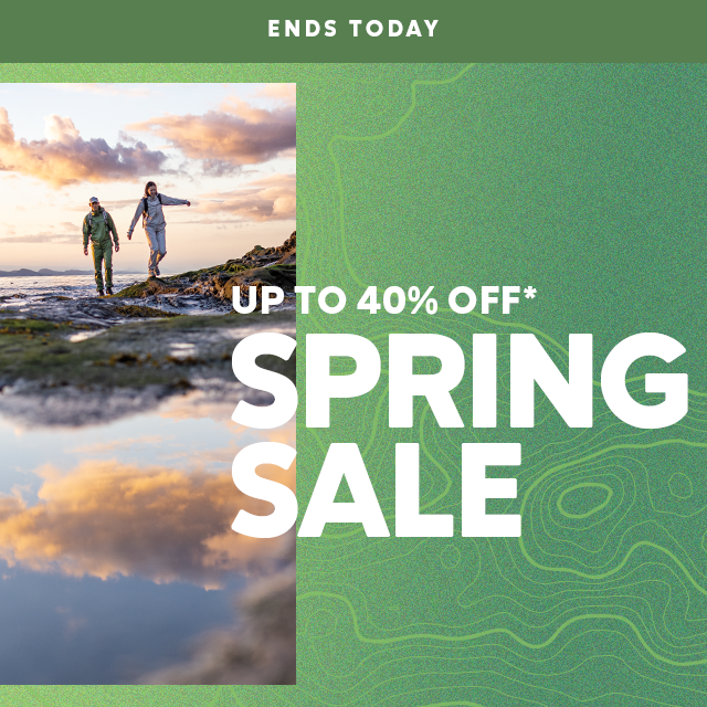 UP TO 40% OFF SPRING SALE ENDS TODAY overlaying an image of people hiking.