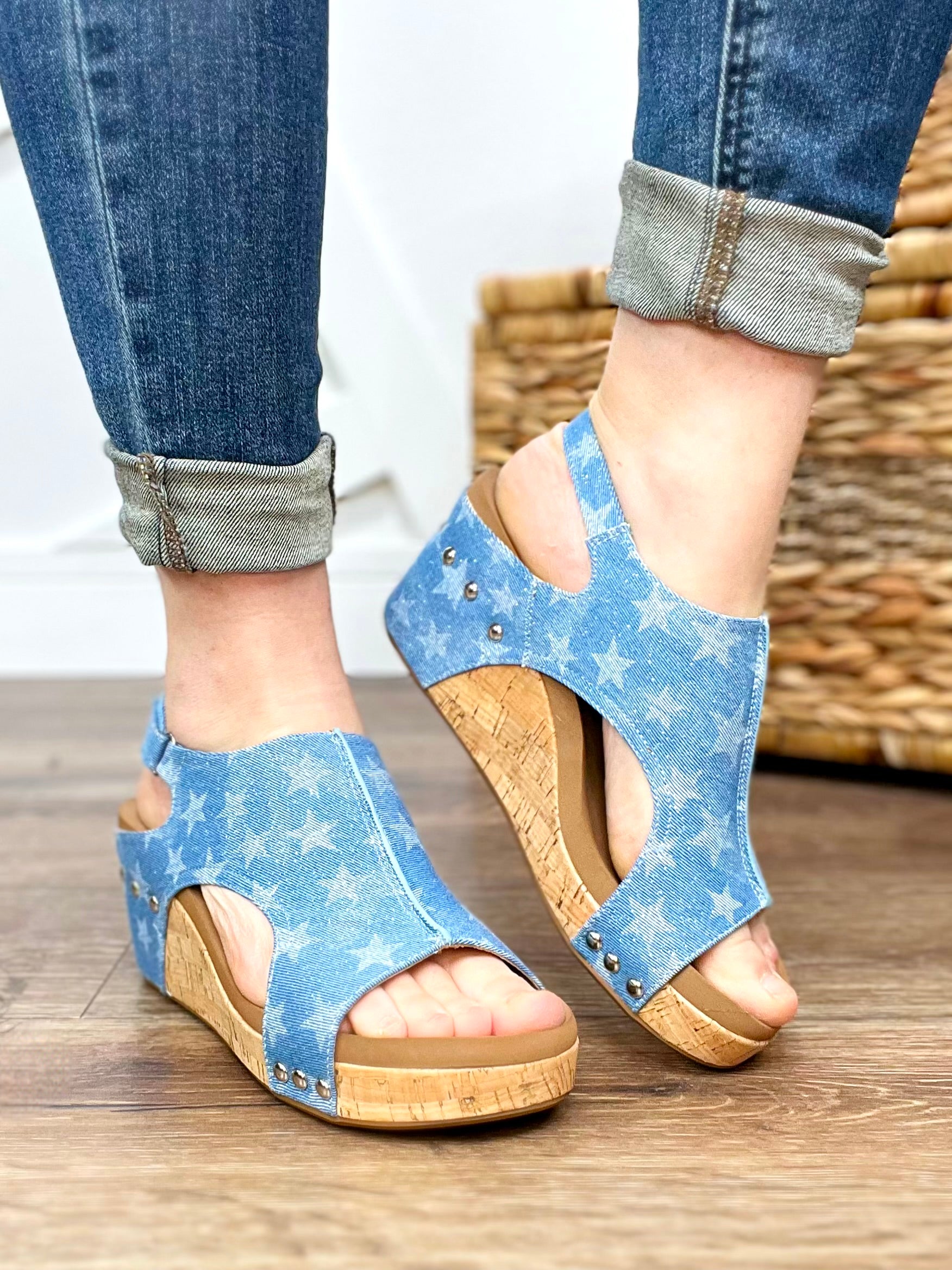 Image of Light Blue Denim Stars Carley Wedges