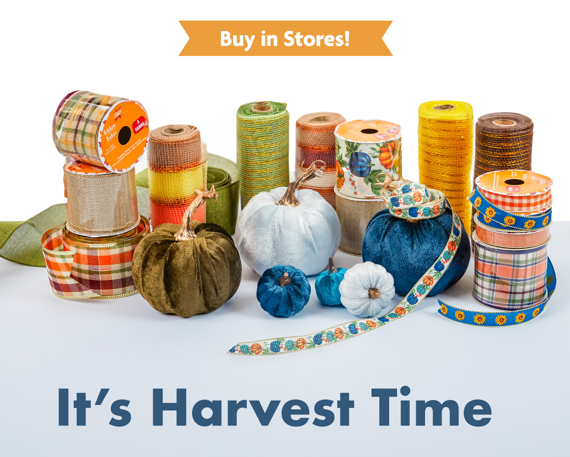 Variety of fall ribbon, deco mesh, and pumpkins