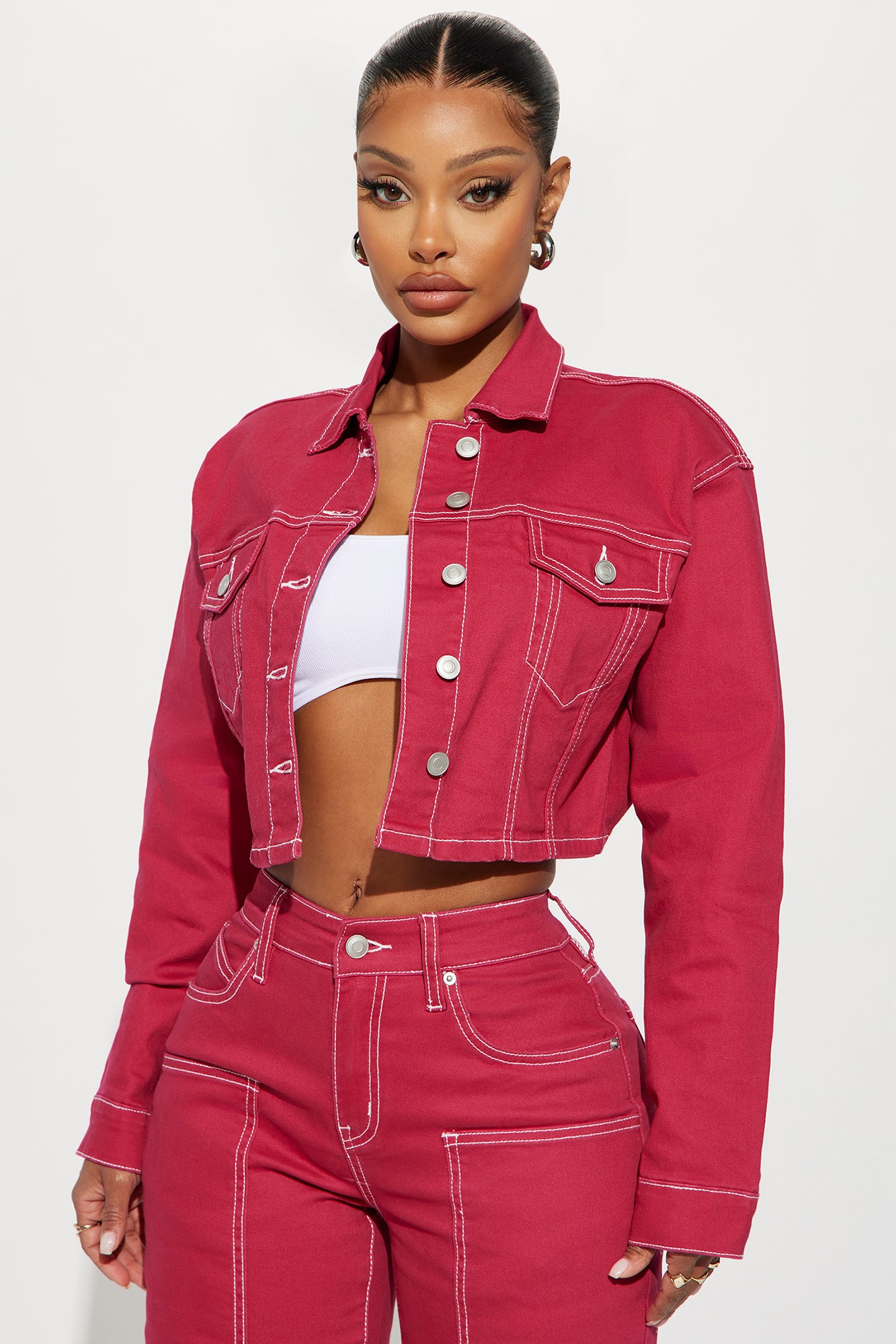 Image of In My Memories Cropped Trucker Jacket - Raspberry