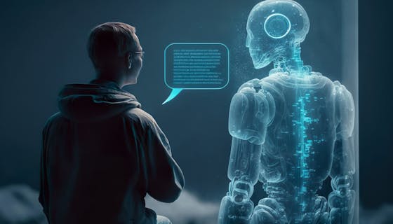 person talking with robotic ai.futuristic technology or machine learning concepts. Generative ai technology