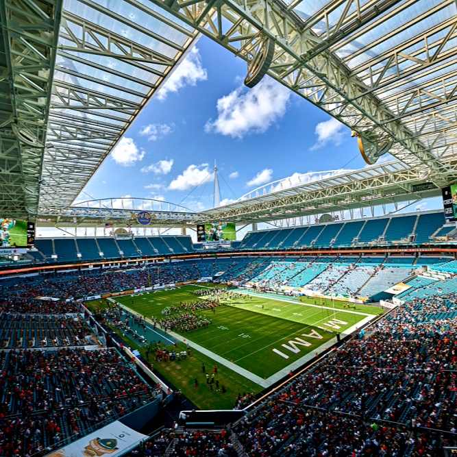 An aerial view of a football game at the Hard Rock Stadium in Miami