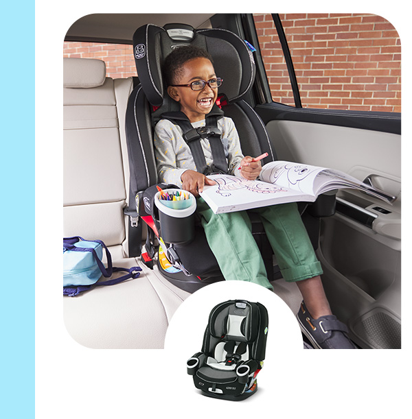 Child happily drawing in a car seat with an inset image of the car seat model