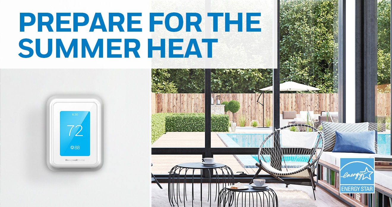 Home with T9 Smart Thermostat on the wall with a view of a backyard pool. Headline says, â€œPrepare For The Summer Heat â€“ Upgrade to a Smart Thermostat today!â€