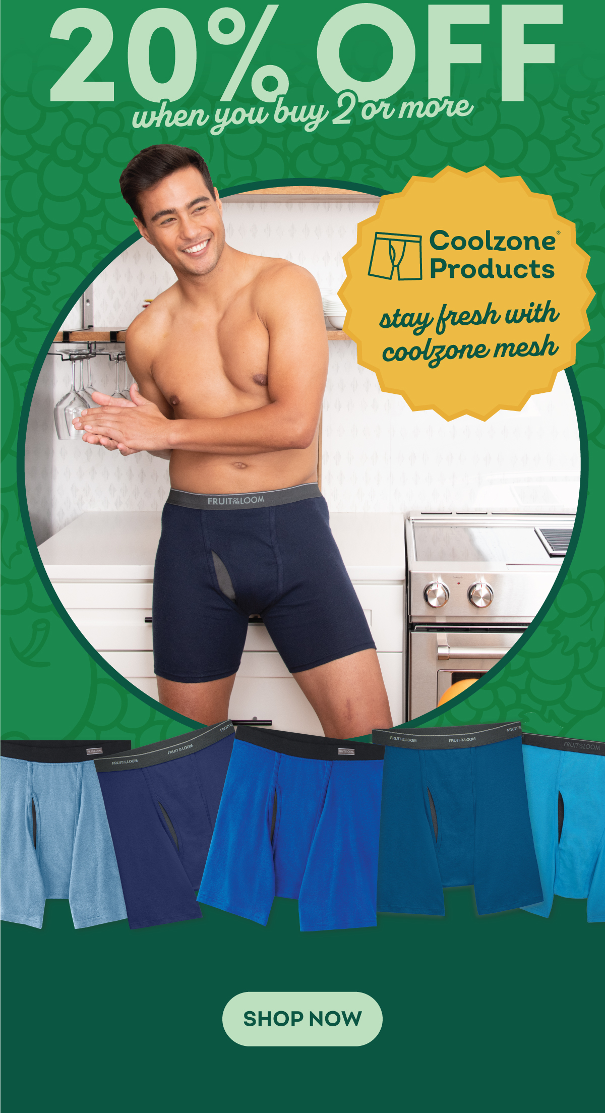 20% off when you buy 2 or more. Coolzone® Products stay fresh with coolzone mesh. "shop now" button.