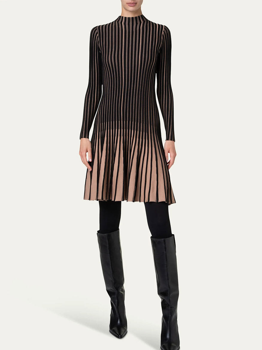 Image of Akris Punto Ribbed Fit-and-Flare Dress in Black/Caramel