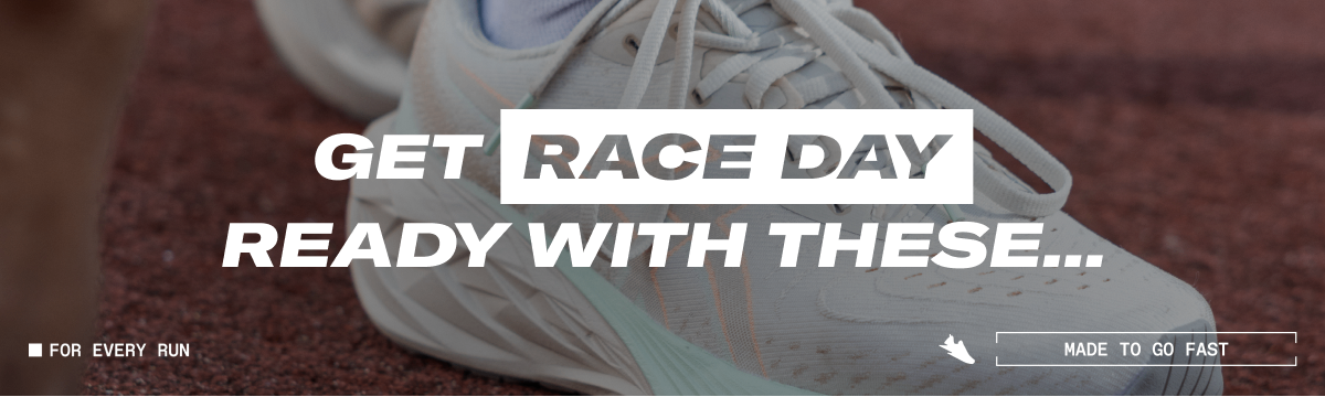 ASICS Novablast 4 with text 'Get race day ready with these' Bottom left text 'For every run' Bottom right tent 'Made to go fast' with trainer logo