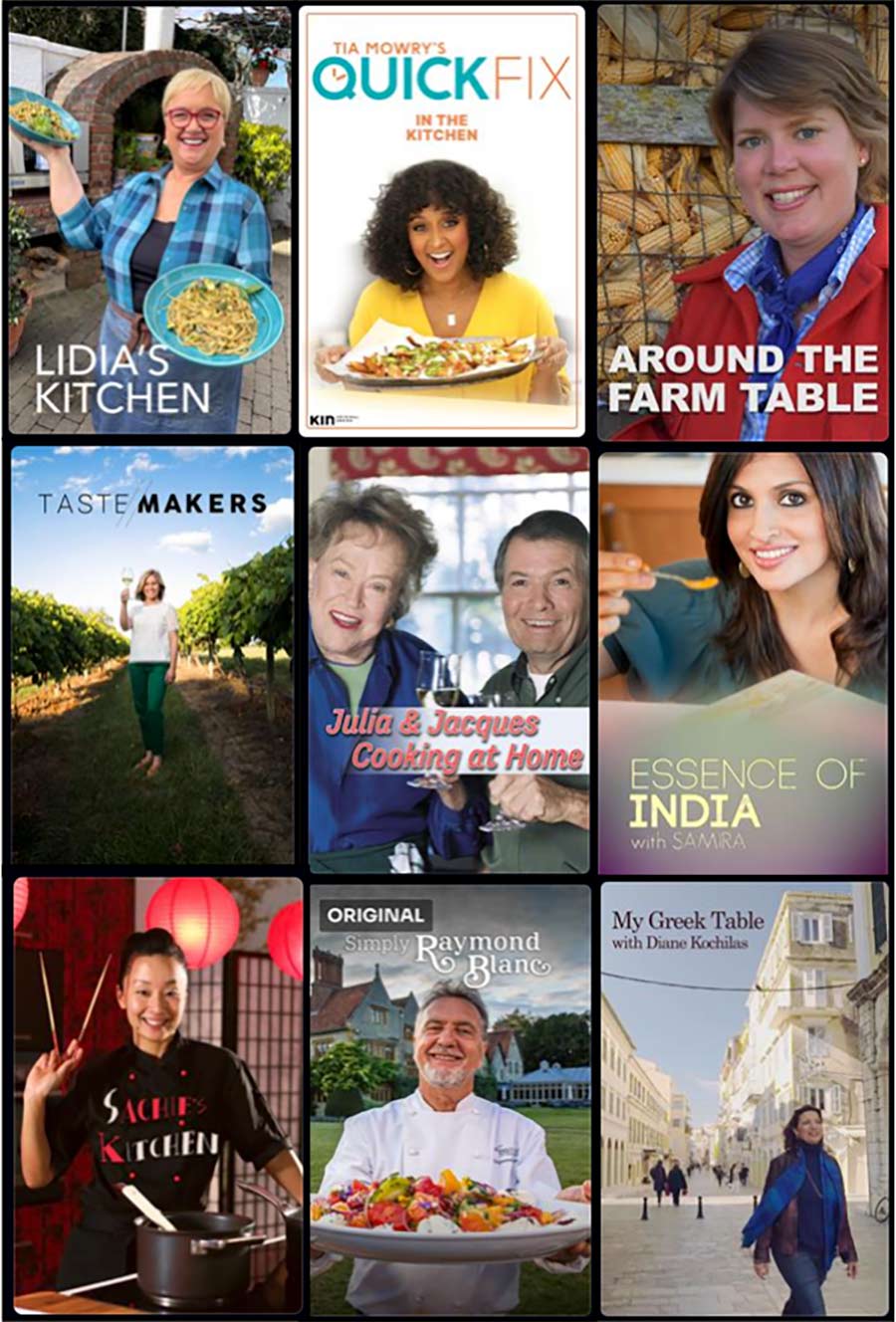 Available titles include: 'Around the Farm Table', 'Essence of India', 'Sachie's Kitchen'