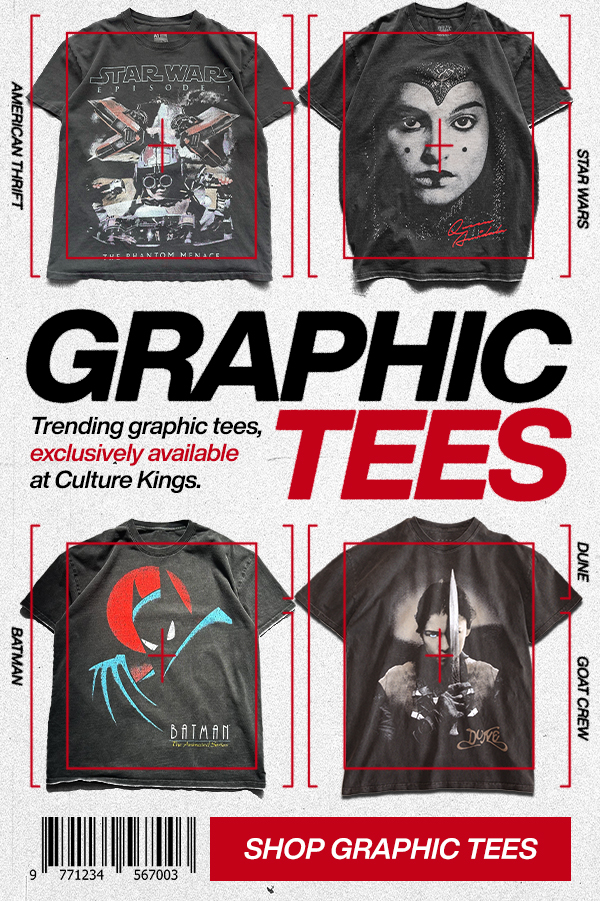 Trending graphic tees exclusively available at Culture Kings, including Star Wars, Dune, and Batman. Shop graphic tees.