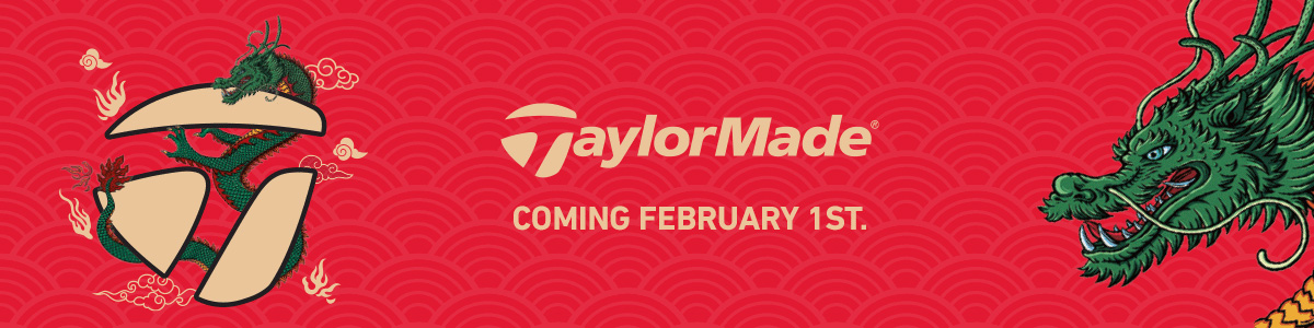 TaylorMade T Bug logo with a dragon wrapped around it, across a red banner with another dragon in the right corner, TaylorMade logo, and text "Coming February 1st"