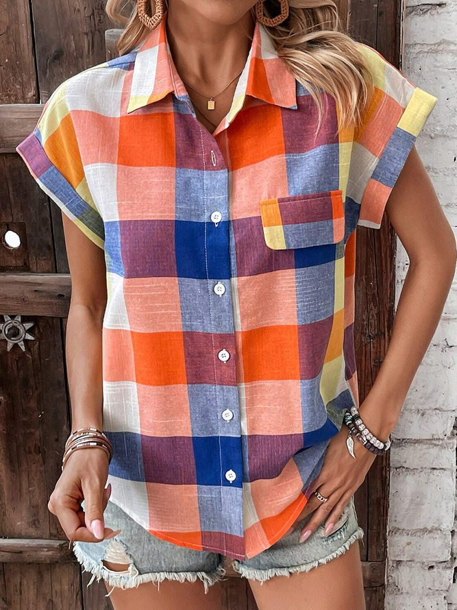 Shirt Collar Short Sleeve Plaid Regular Loose Blouse For Women