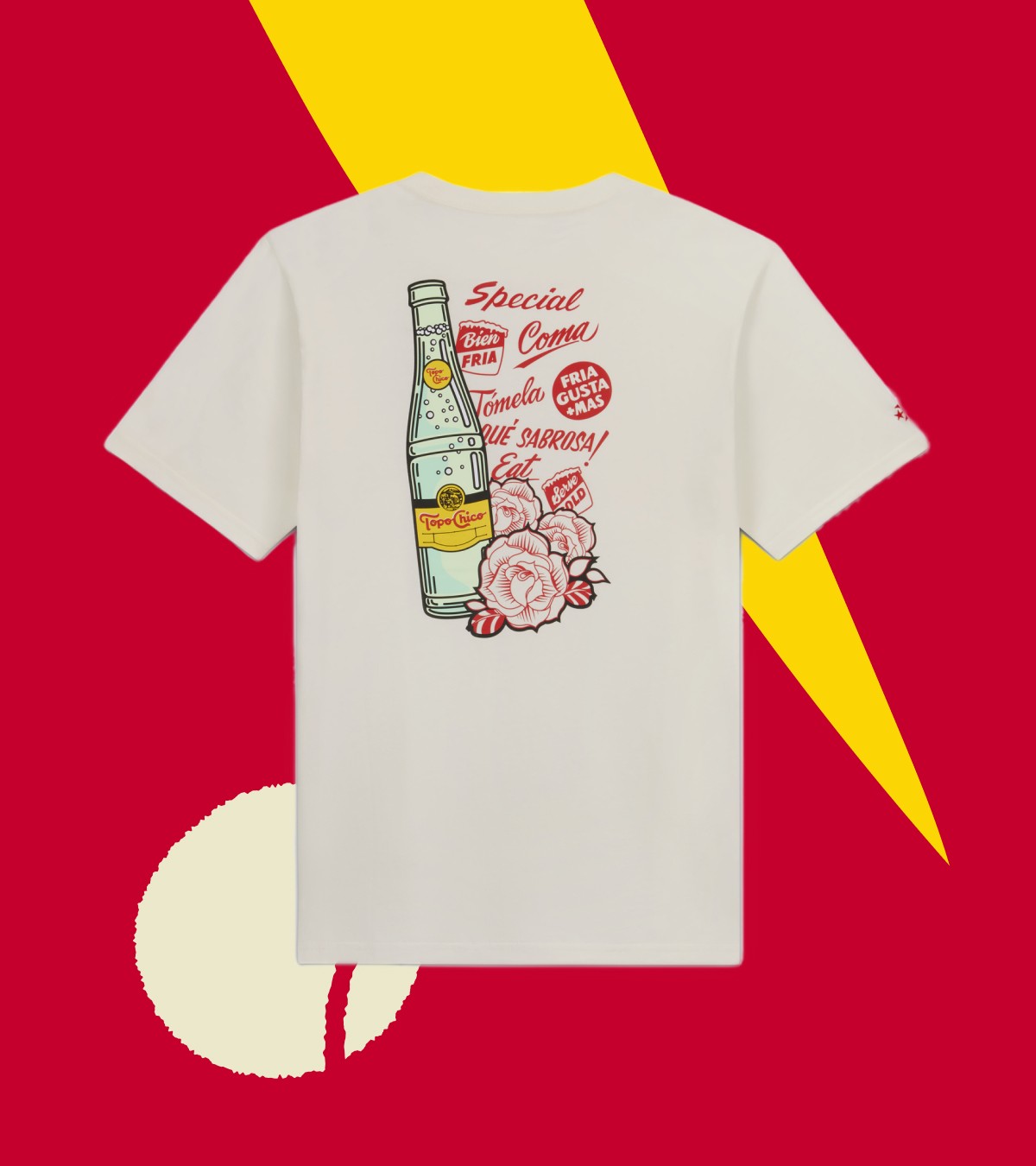 Shop this light-colored tee with a Topo Chico bottle graphic and red signage