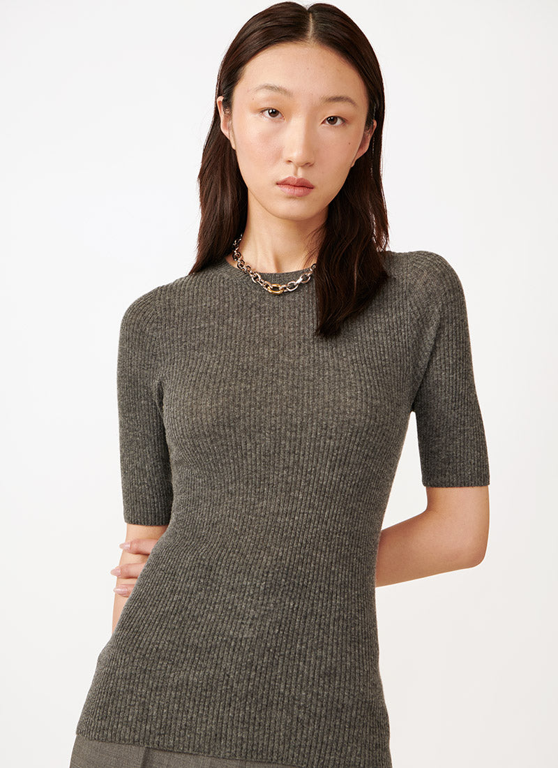 Image of Ribbed Short-Sleeve Sweater