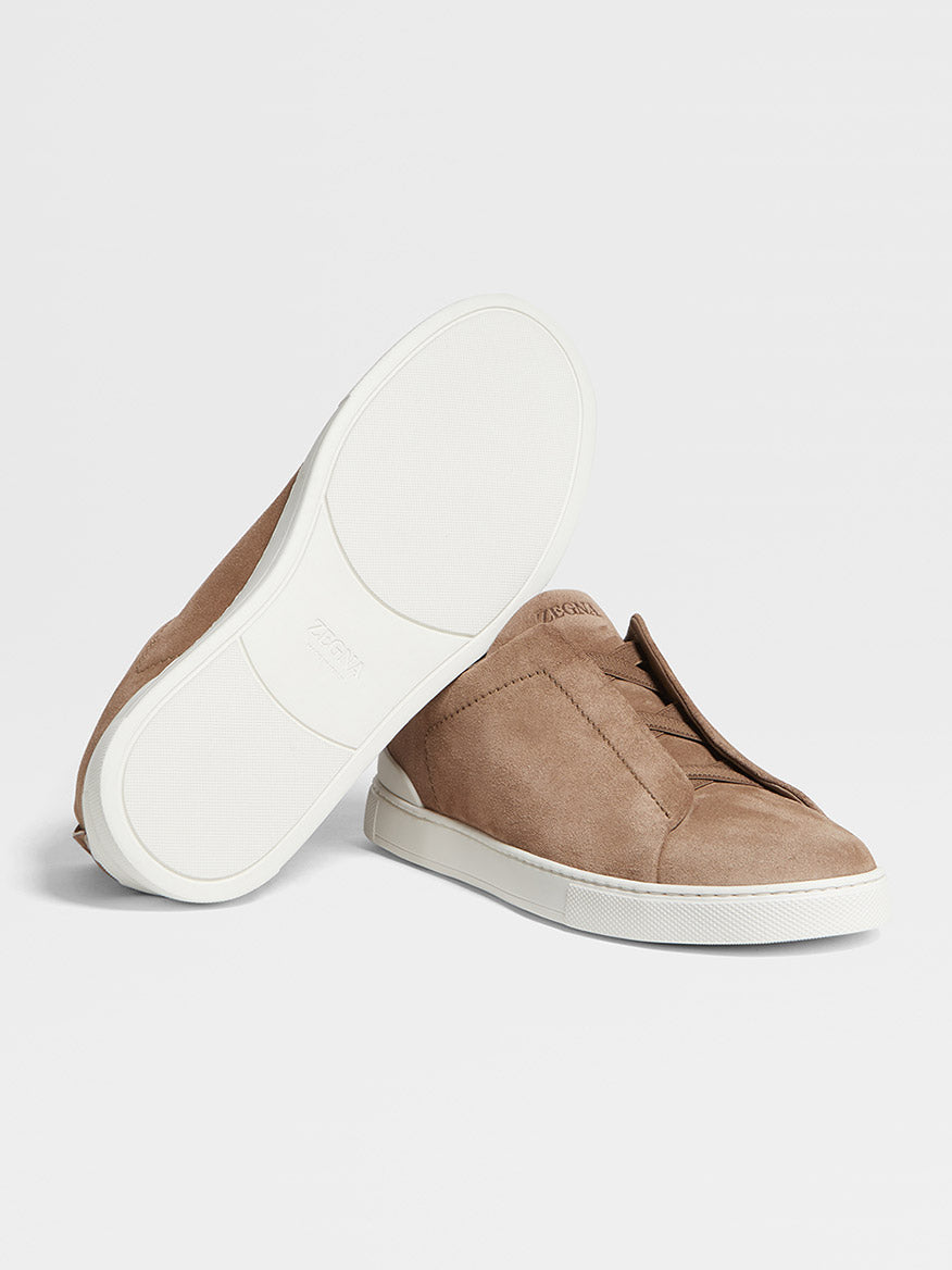 Image of Zegna Dark Beige Suede Triple Stitch Low Top Sneaker