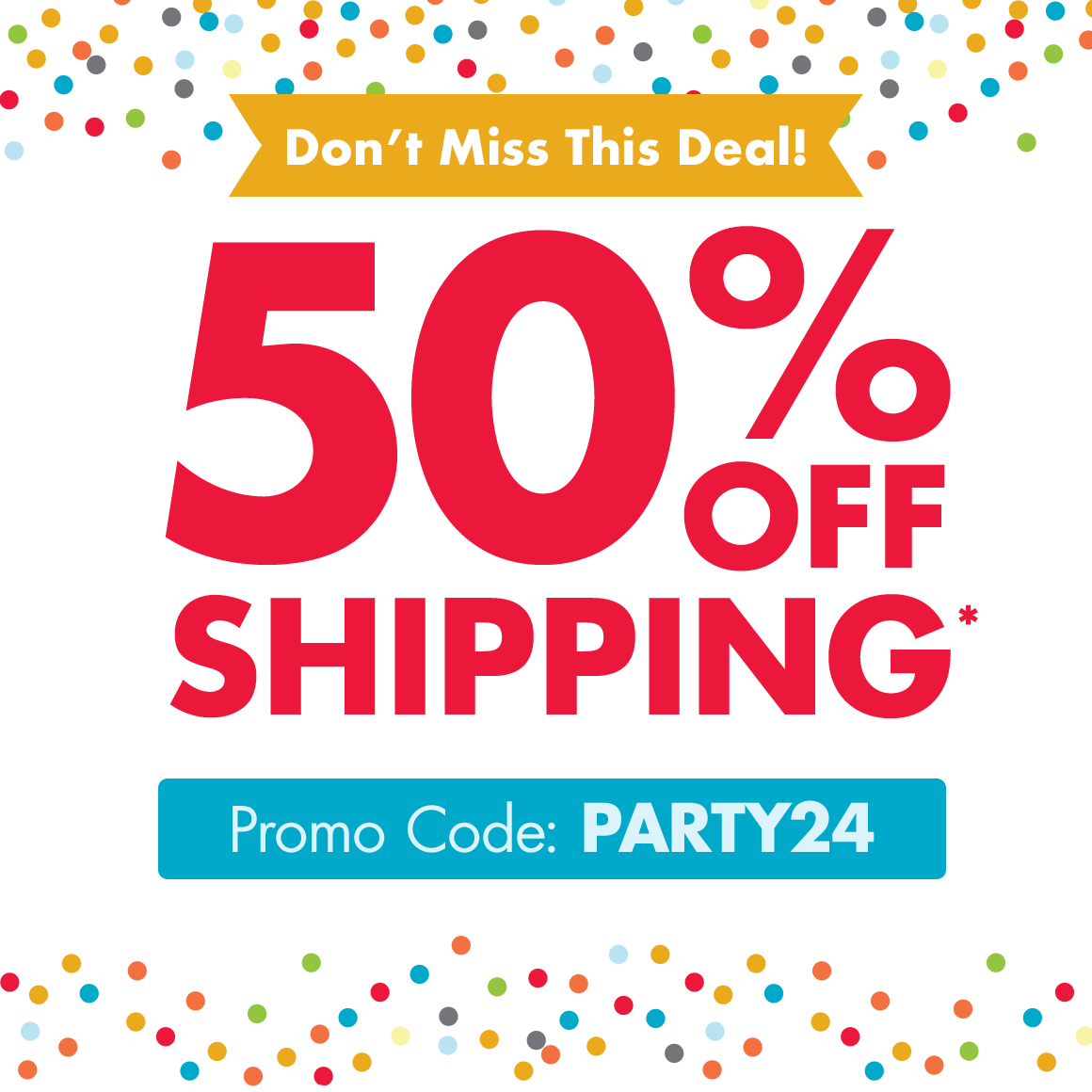 Get 50% off shipping online with code PARTY24 until 4/25/24, showing dotted confetti graphics