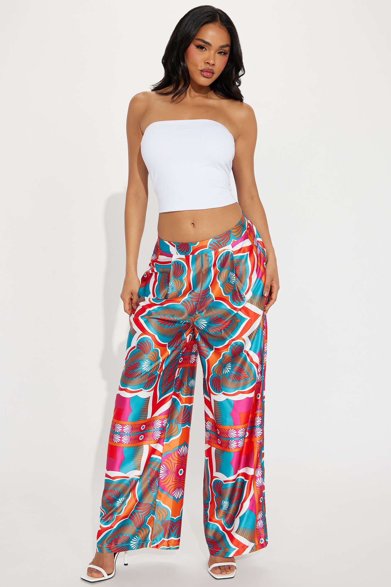 Image of Imani Satin Wide Leg Pant - Orange/combo