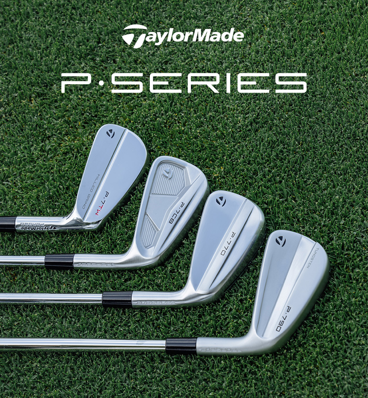 P7TW, P7CB, P770 and P790 P Series irons laying side by side on a green fairway