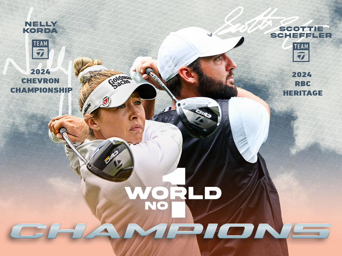 Nelly Korda Chevron Championship win with Scottie Scheffler RBS Heritage win, both shown swinging their drivers with 'World No 1 Champions' text over the top