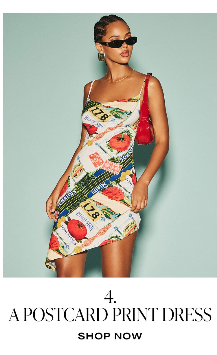 4 Dresses We’re Obsessing Over: 4. A Postcard Print Dress. Shop Now.