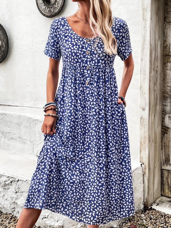 Women Floral Half Open Collar Short Sleeve Comfy Casual Maxi Dress