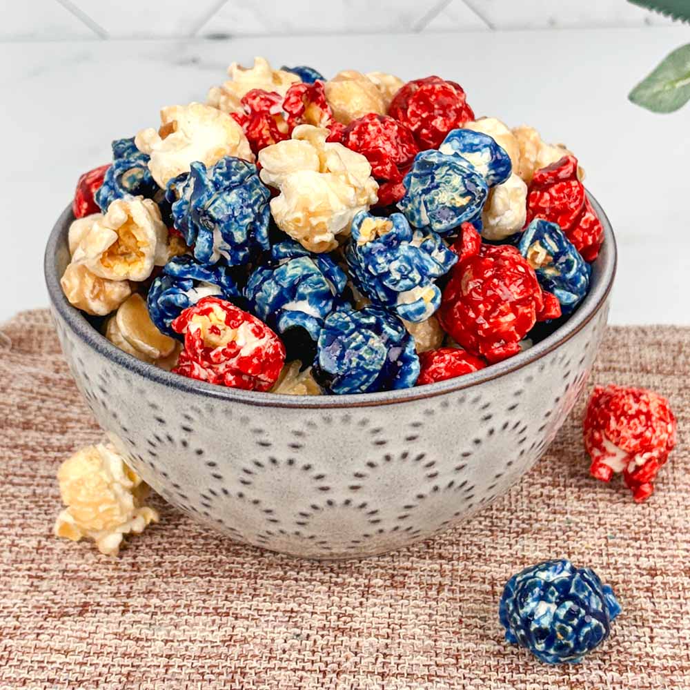 Bowl filled with Red, White, and Blue colored popcorn