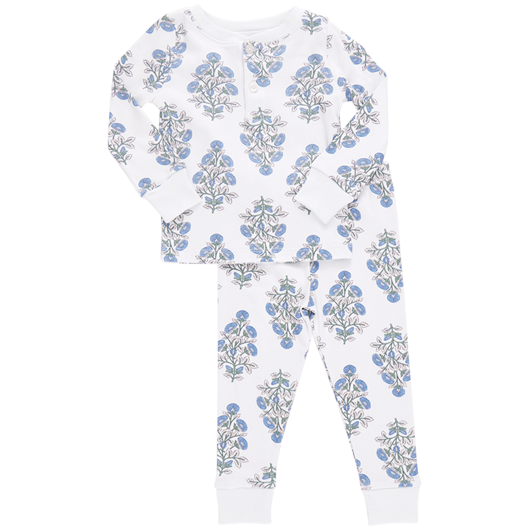 Image of Kids Organic Henley PJ - Blue Bouquet Floral Block Print