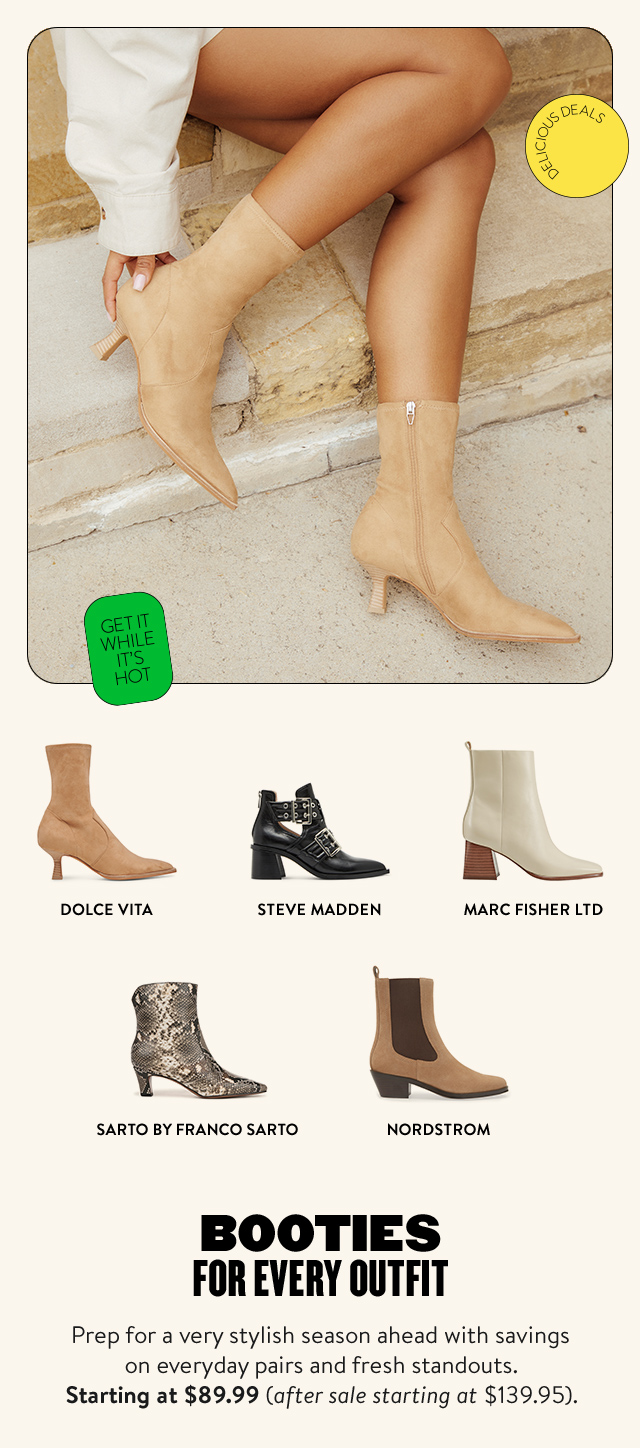 Woman wearing booties. Five additional styles of booties.