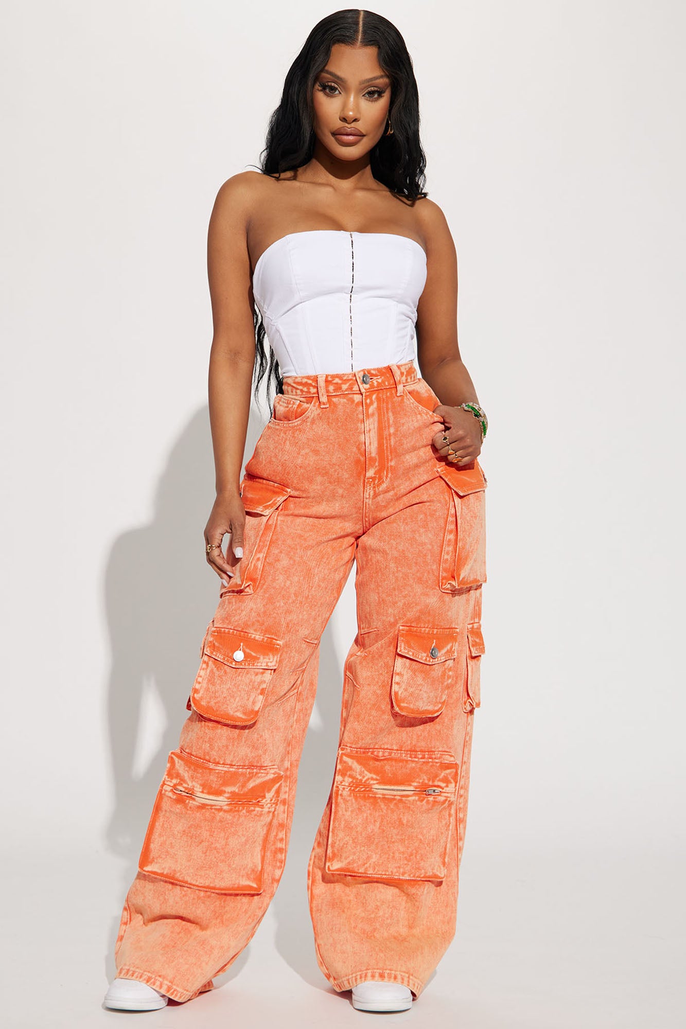 Image of Lily High Rise Acid Wash Cargo Jeans - Orange