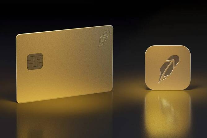 Gold credit card next to gold Robinhood logo