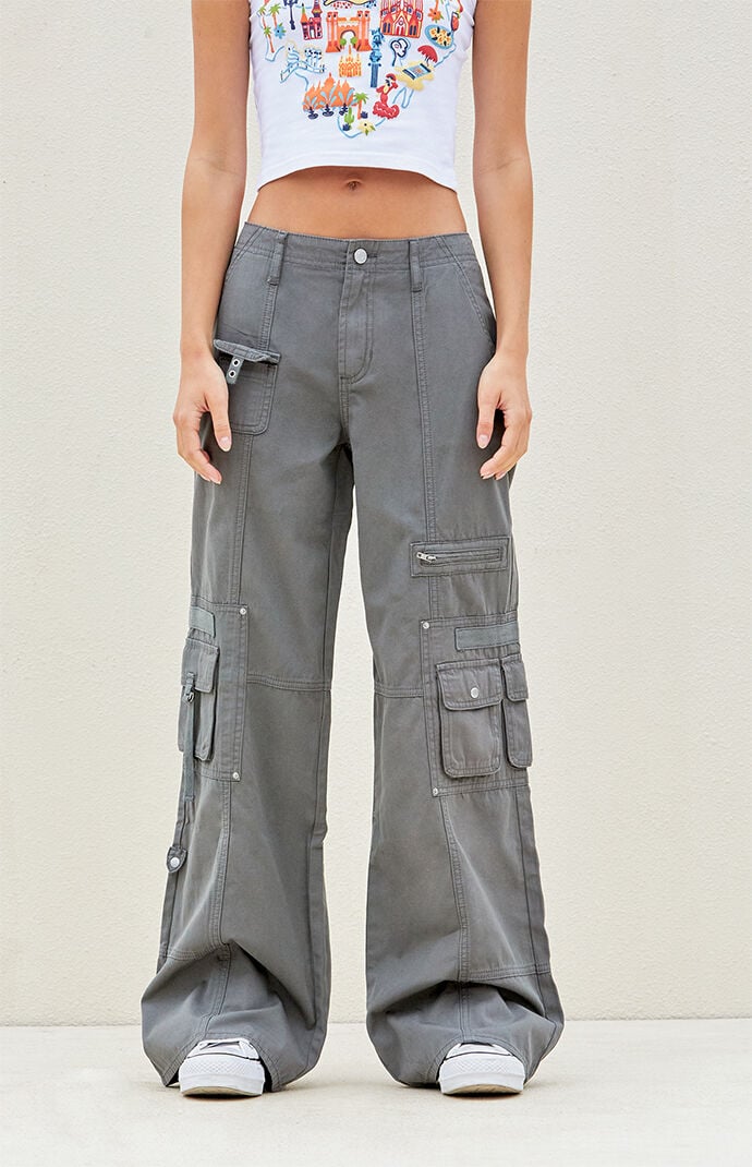 Image: Dark Gray Low Rise Baggy Flare Cargo Pants