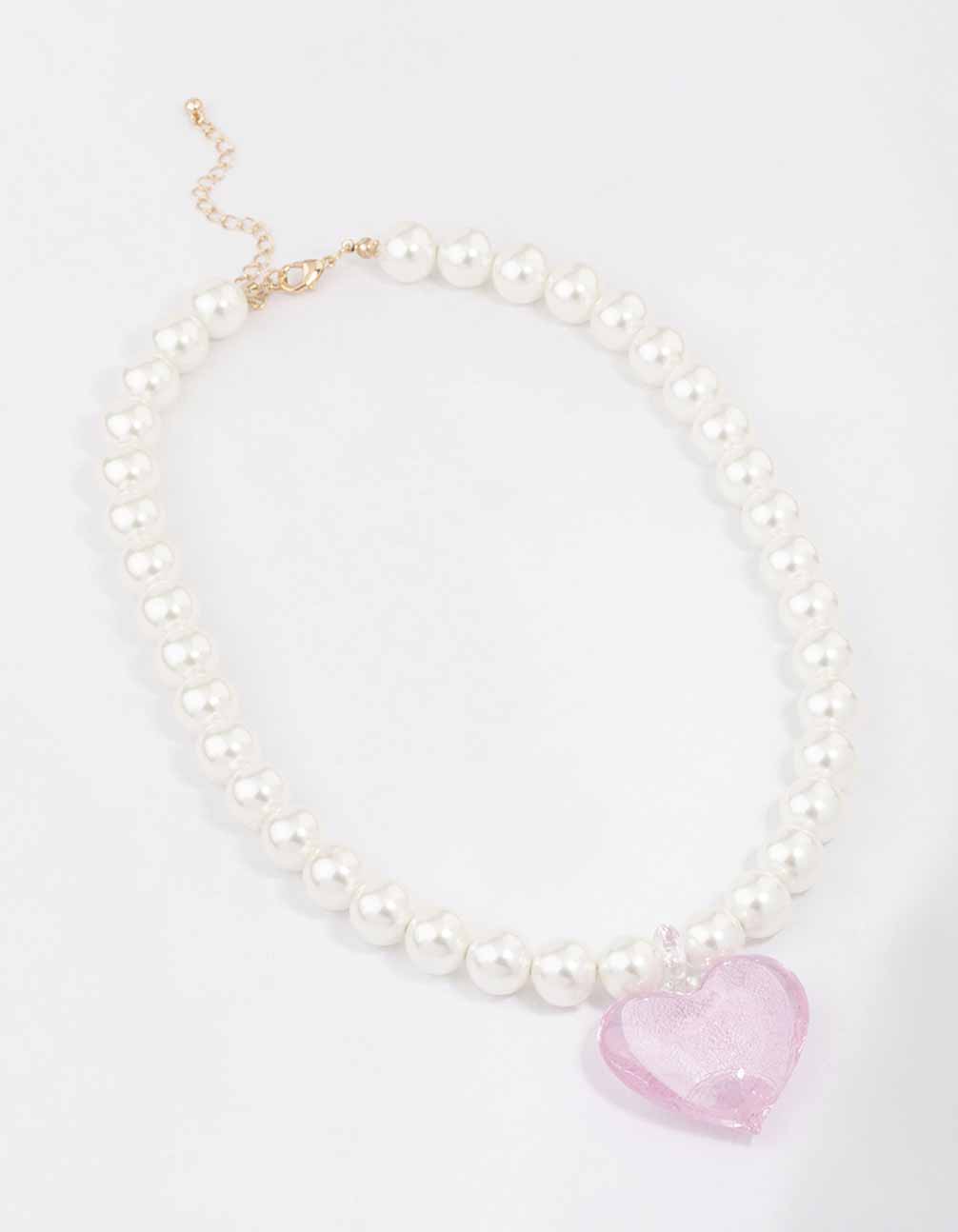 Image of Gold & Pink Pearl Puffy Heart Necklace