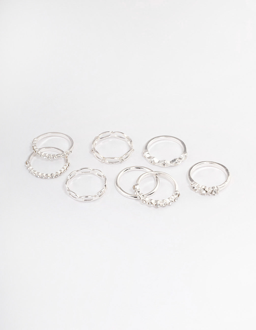 Image of Silver Diamante Row Mix Ring 8-Pack