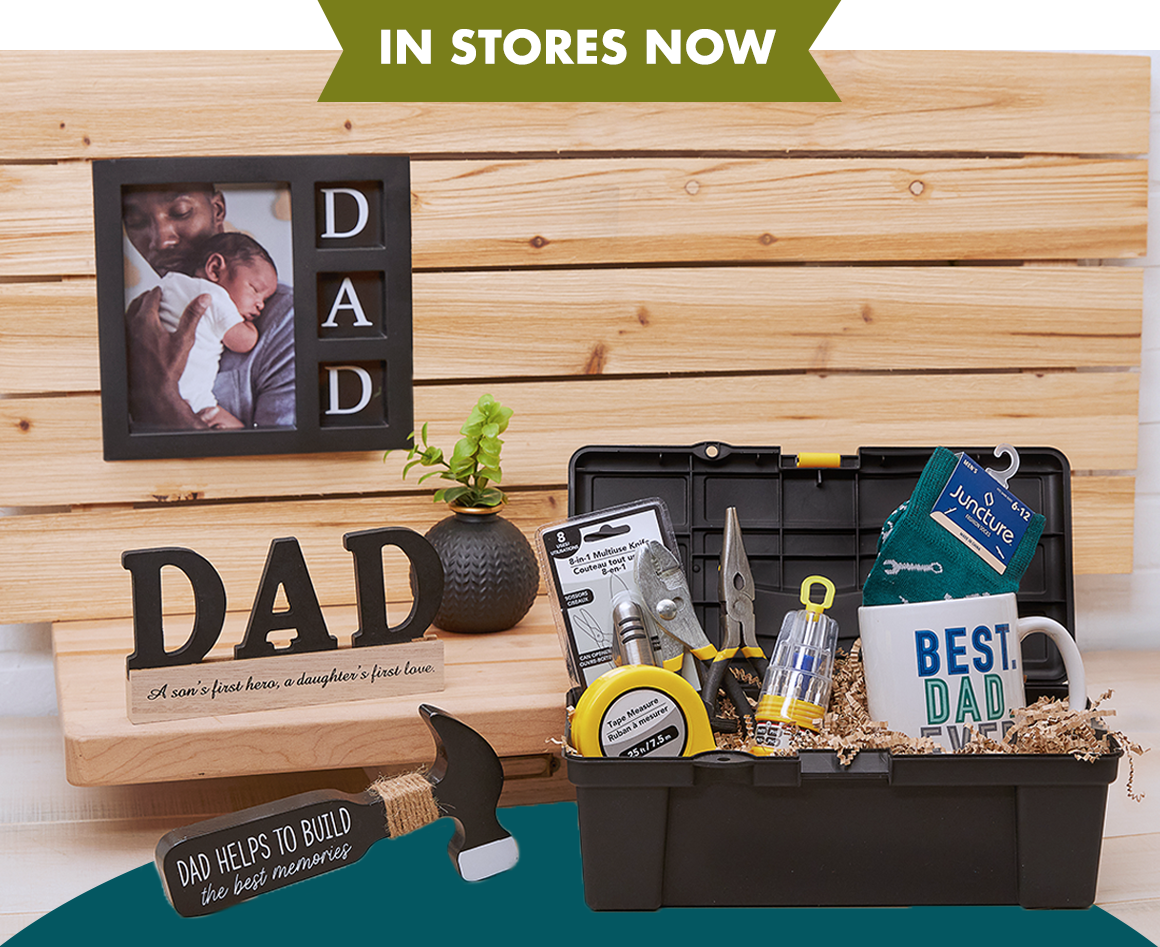 Variety of Father's Day gifts, a toolbox, frame, and more