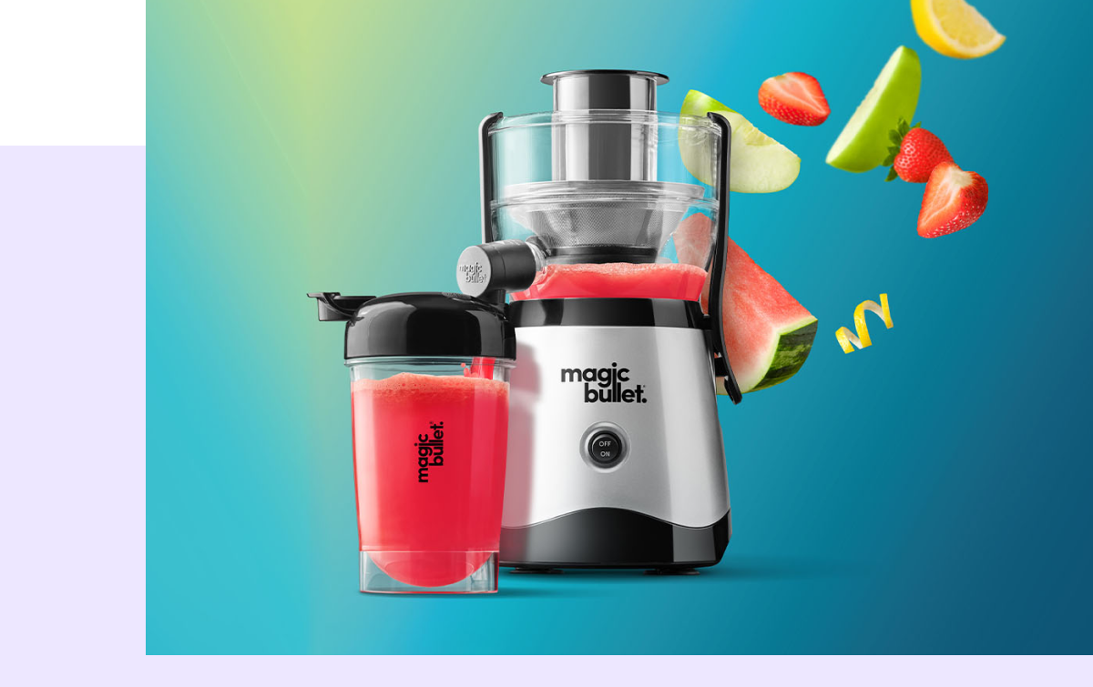 magic bullet Mini Juicer next to its 16-oz Juice Cup