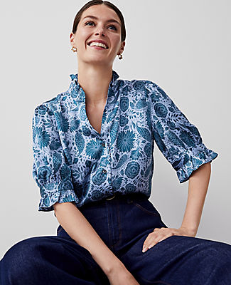 Floral Ruffle Button Top