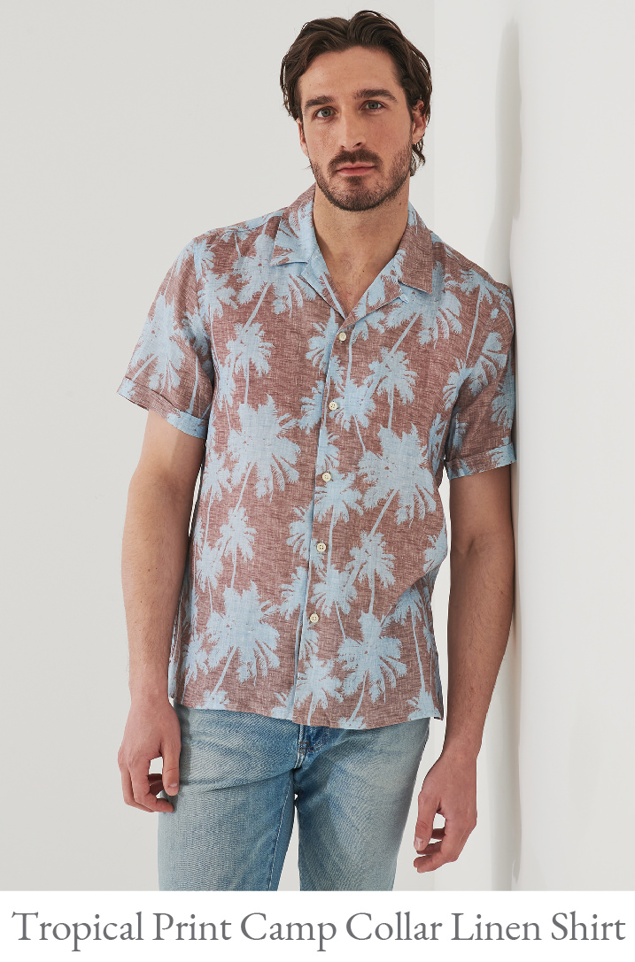 TROPICAL PRINT CAMP COLLAR LINEN SHIRT