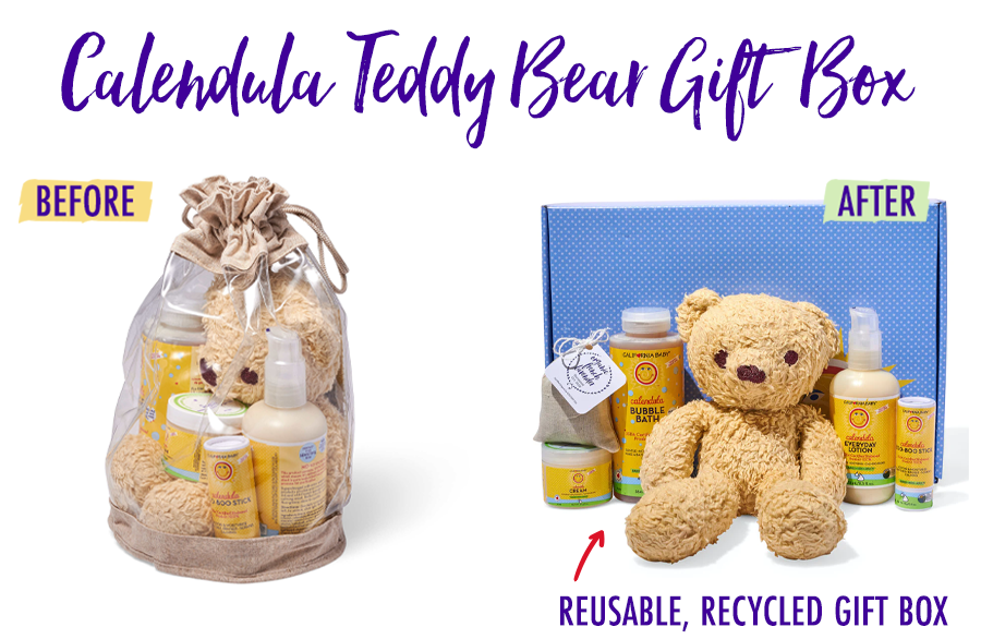 Calendula™ Teddy Bear Gift Box The perfect pairing of our best Calendula™ products and our adorable 100% organic cotton Sunny Teddy Bear. Your little one will love it!