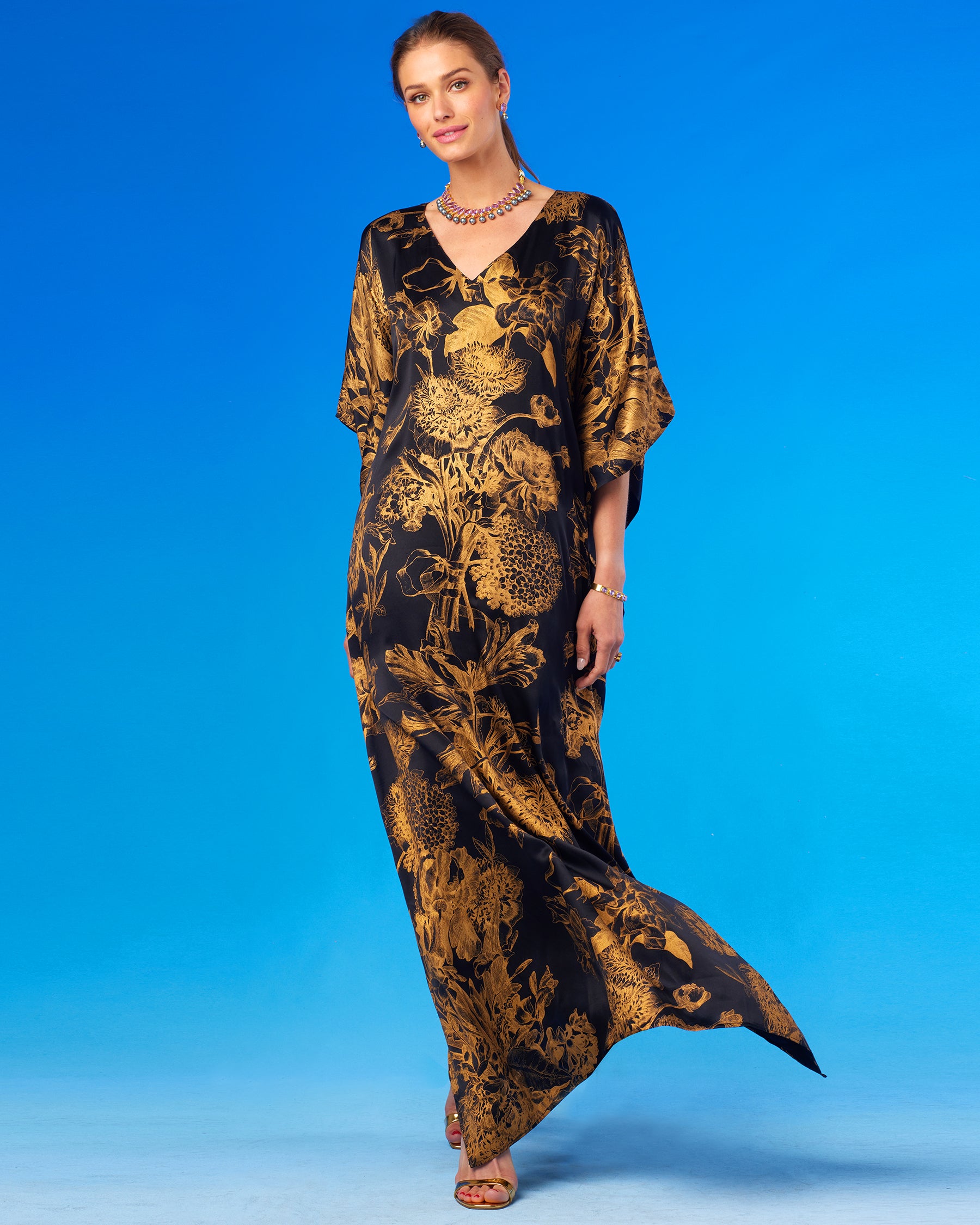 Image of Shireen Black Silk Kaftan in Bronze Gold Floral Toile