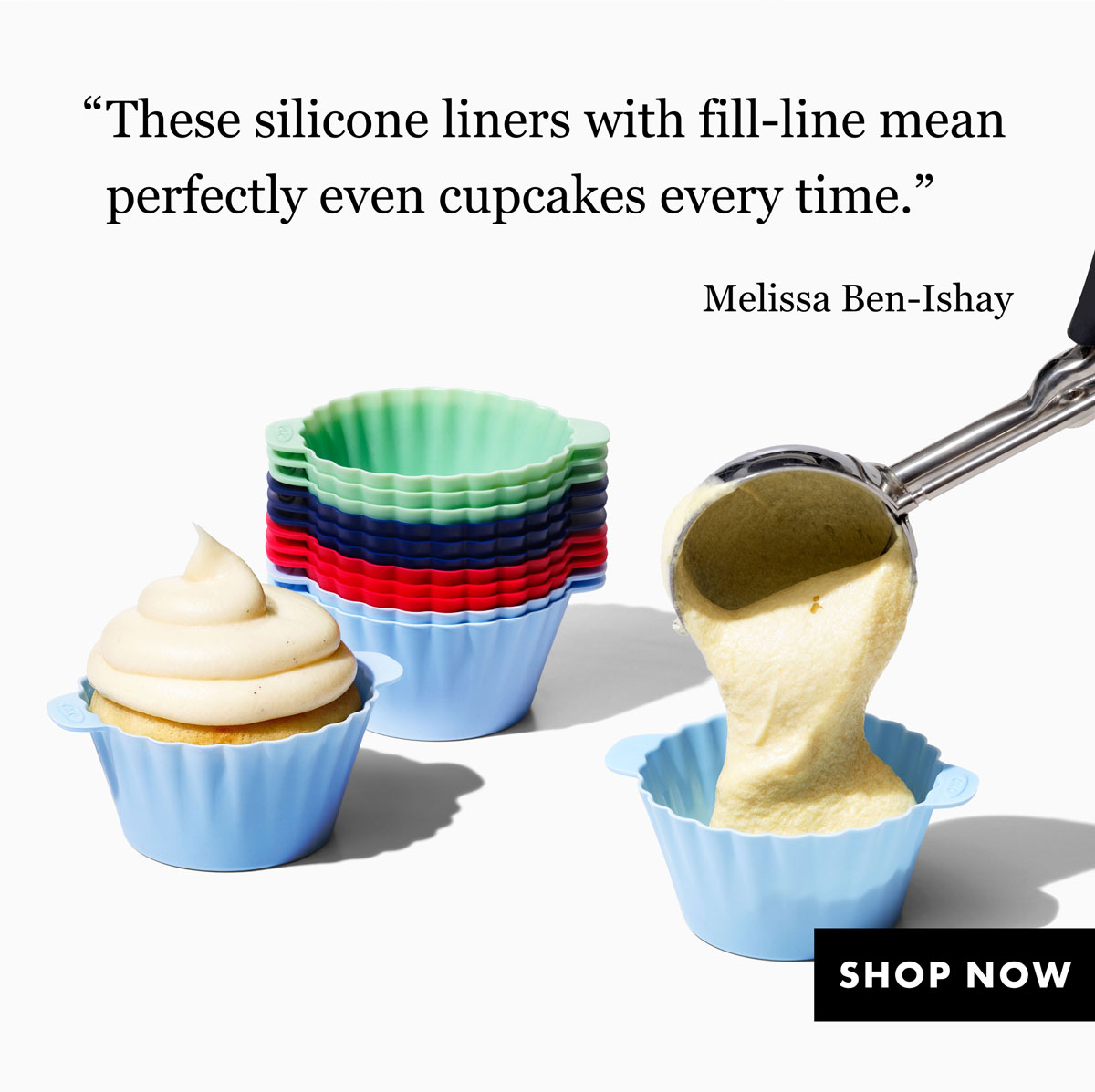 "These silicone liners with fill-line mean perfectly even cupcakes everyt ime."