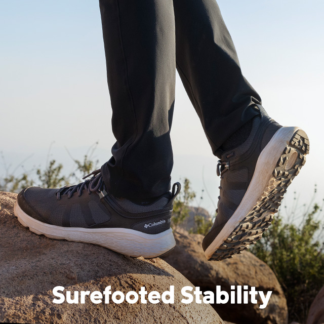 Surefooted stability. Person in hiking shoes with Omni-Max. 