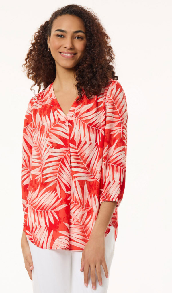 Printed V-Neck Pleated Kelly Blouse, Crepe De Chine