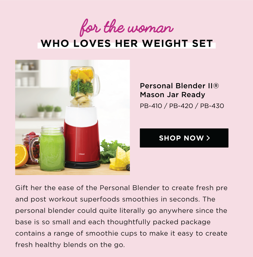 Gift her the ease of the Personal Blender to create fresh pre and post workout superfoods smoothies in seconds. The personal blender could quite literally go anywhere since the base is so small and each thoughtfully packed package contains a range of smoothie cups to make it easy to create fresh healthy blends on the go. 