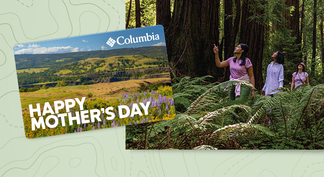 Women on a hike with an image of a gift card that says Happy Mother's Day