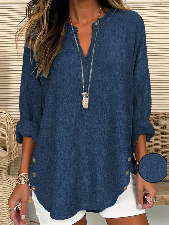 Notched Long Sleeve Plain Buckle Regular Loose Shirt For Women