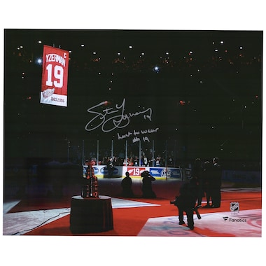 Steve Yzerman  Autographed 16" x 20" Jersey Retirement Night Photograph with "Last To Wear #19" Inscription