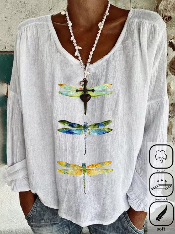 Crew Neck Long Sleeve Dragonfly Regular Loose Blouse For Women