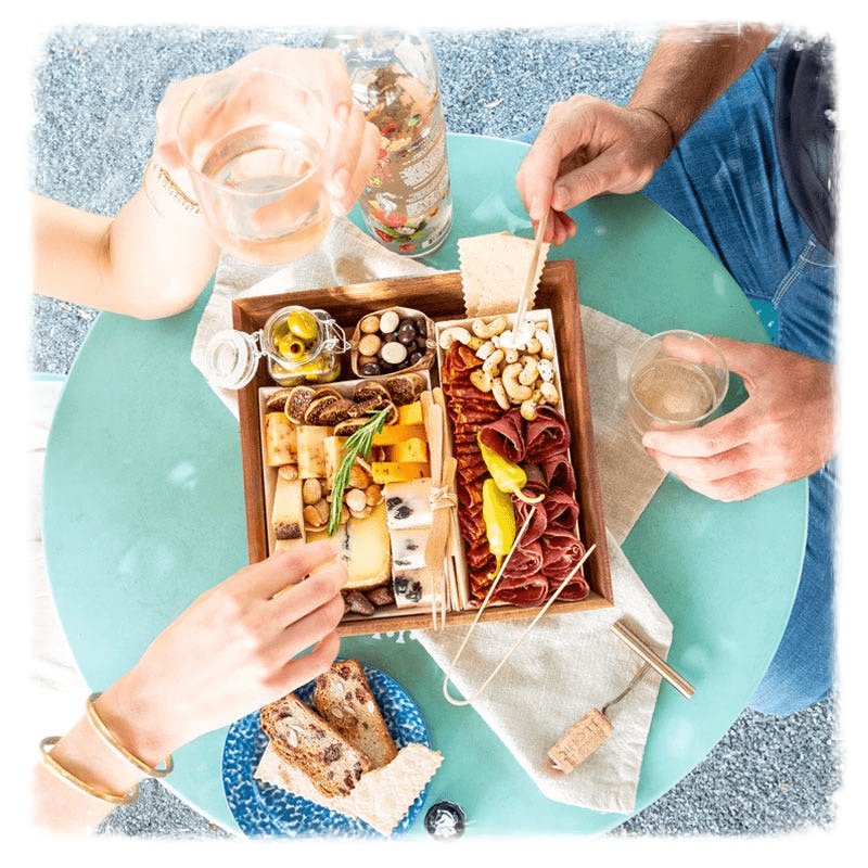 Charcuterie board filled with meats and cheeses