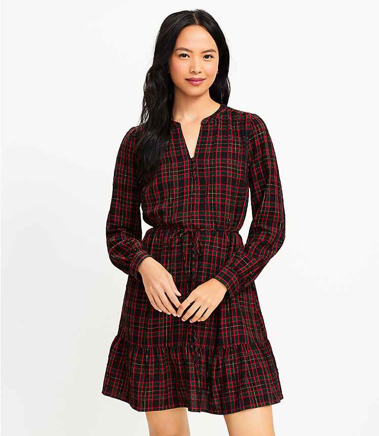 Shimmer Plaid Flounce Swing Dress