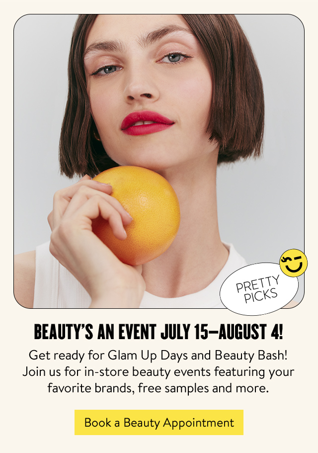 Beauty's an event July 15 through August 4. A woman wearing a bold lip color.